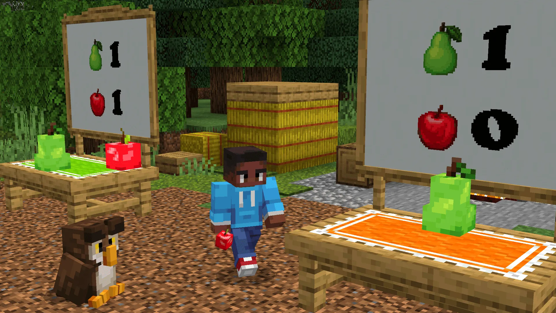 A student counting fruit on easels in a Minecraft Education lesson