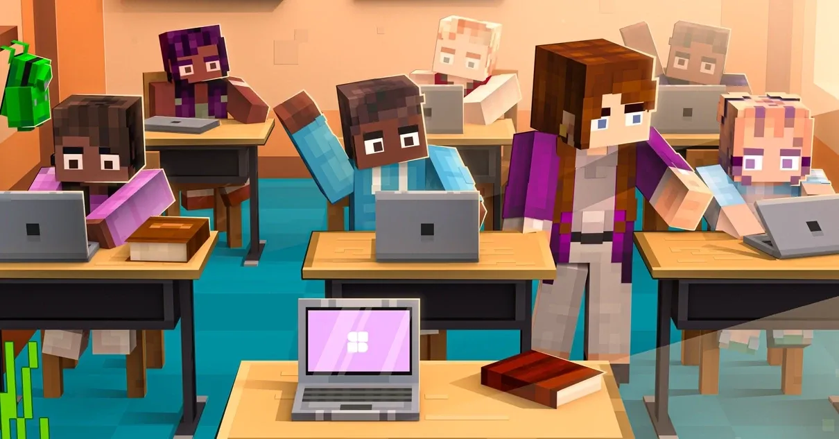 A classroom of Minecraft students at laptops with a teacher walking between the desks