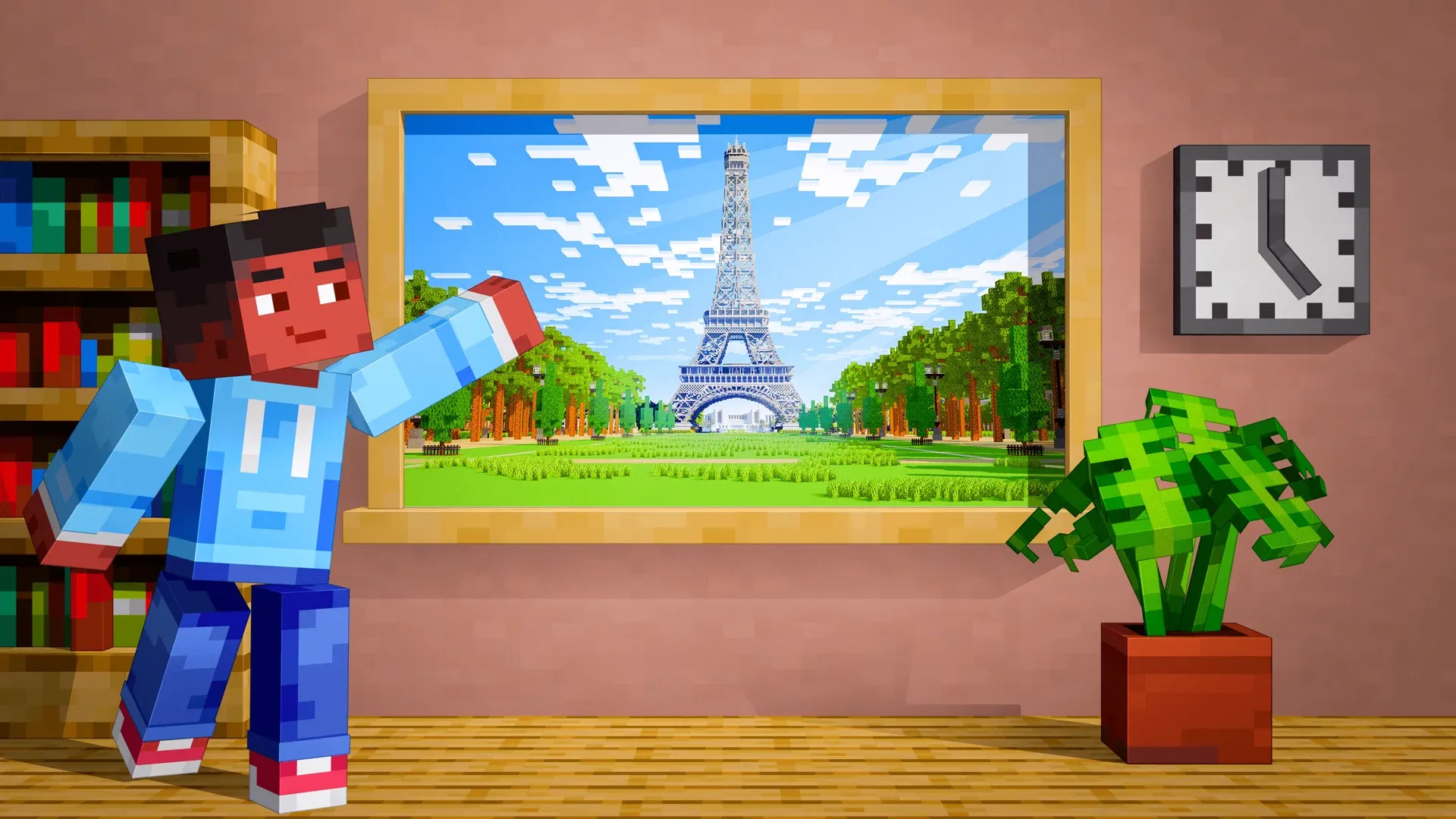 A Minecraft character presenting a framed view of the Eiffel Tower in a classroom