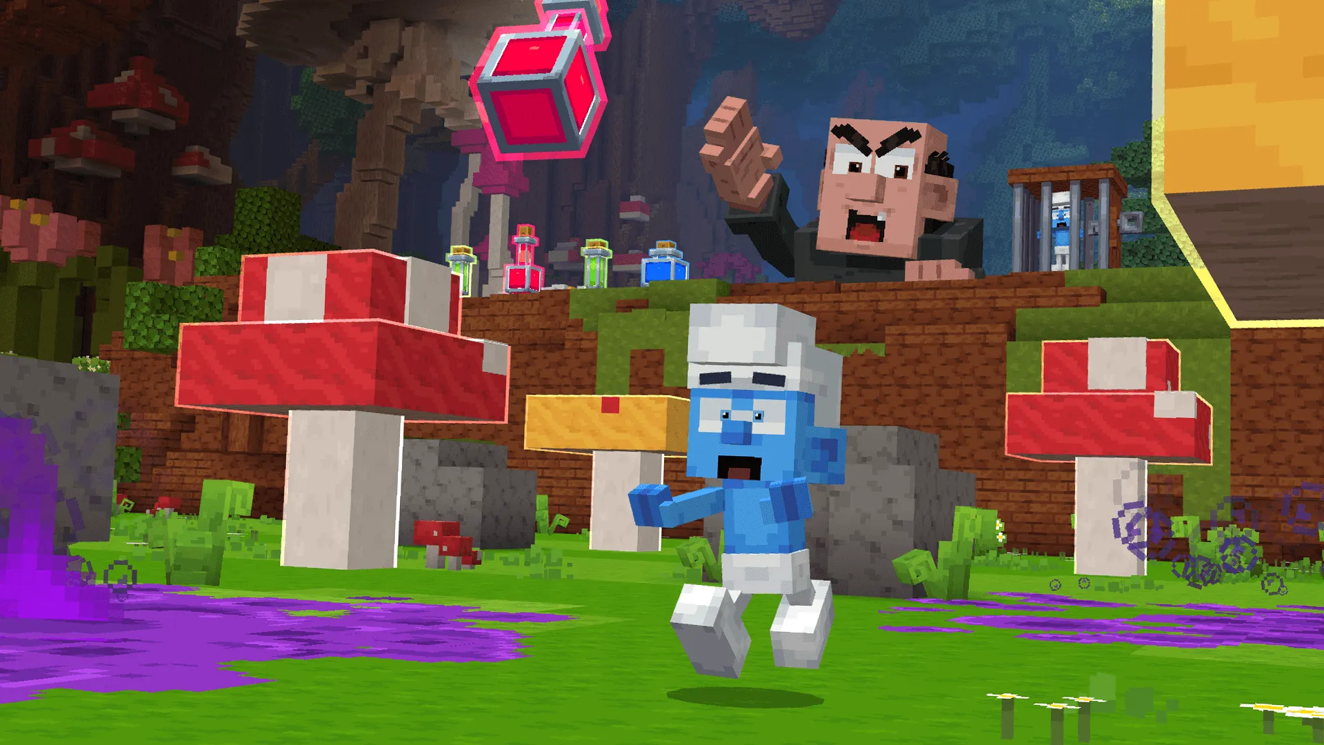 A Smurf running from Gargamel and a flying potion in the Smurf village