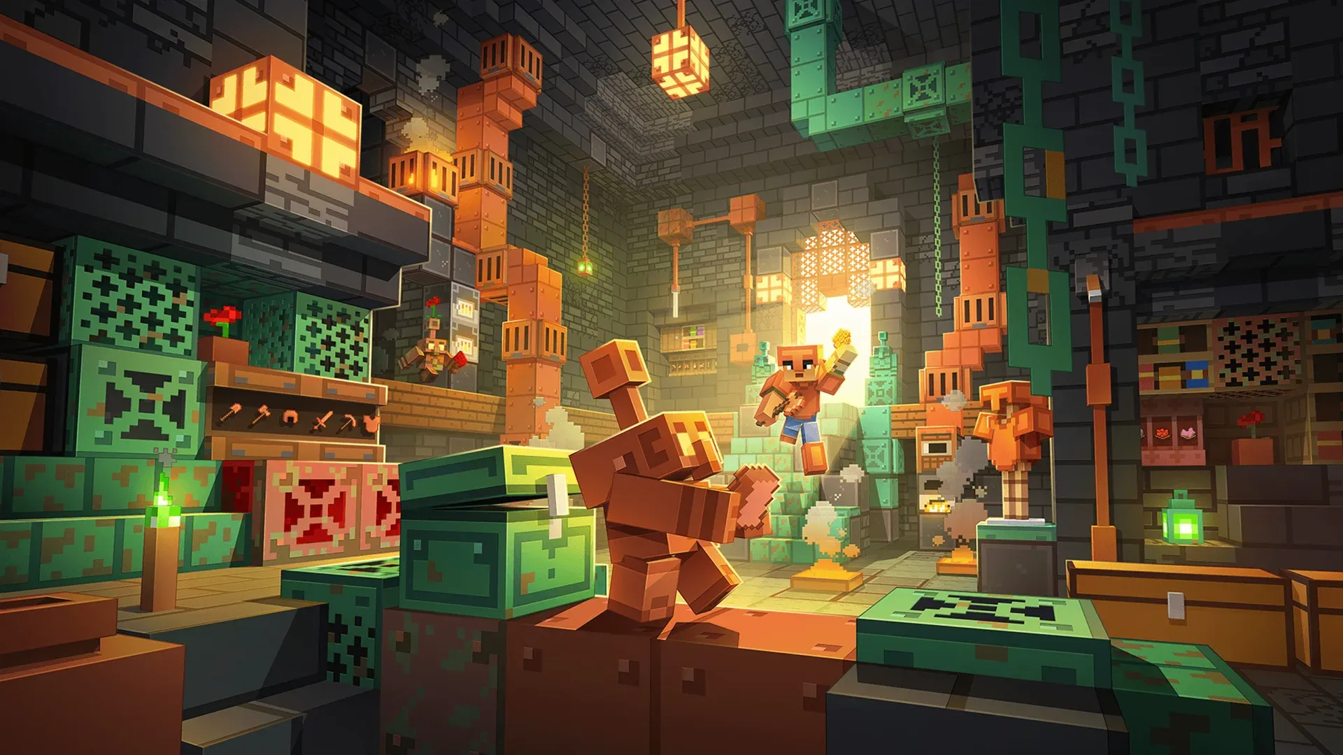 Copper golems and a player in a copper-filled workshop, key art for the Copper Age update