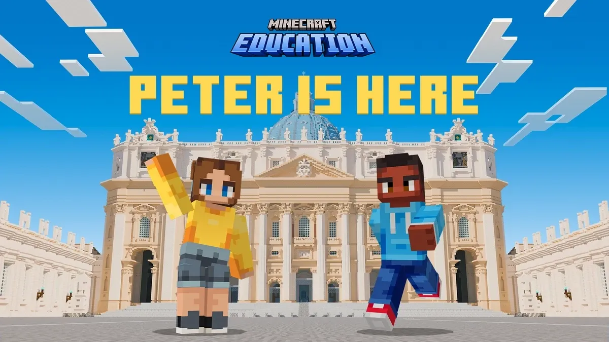Students restoring artwork inside St. Peter’s Basilica in Minecraft Education
