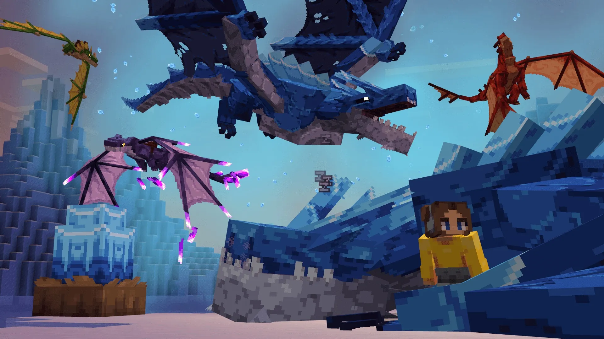 A player riding a dragon over a Minecraft world