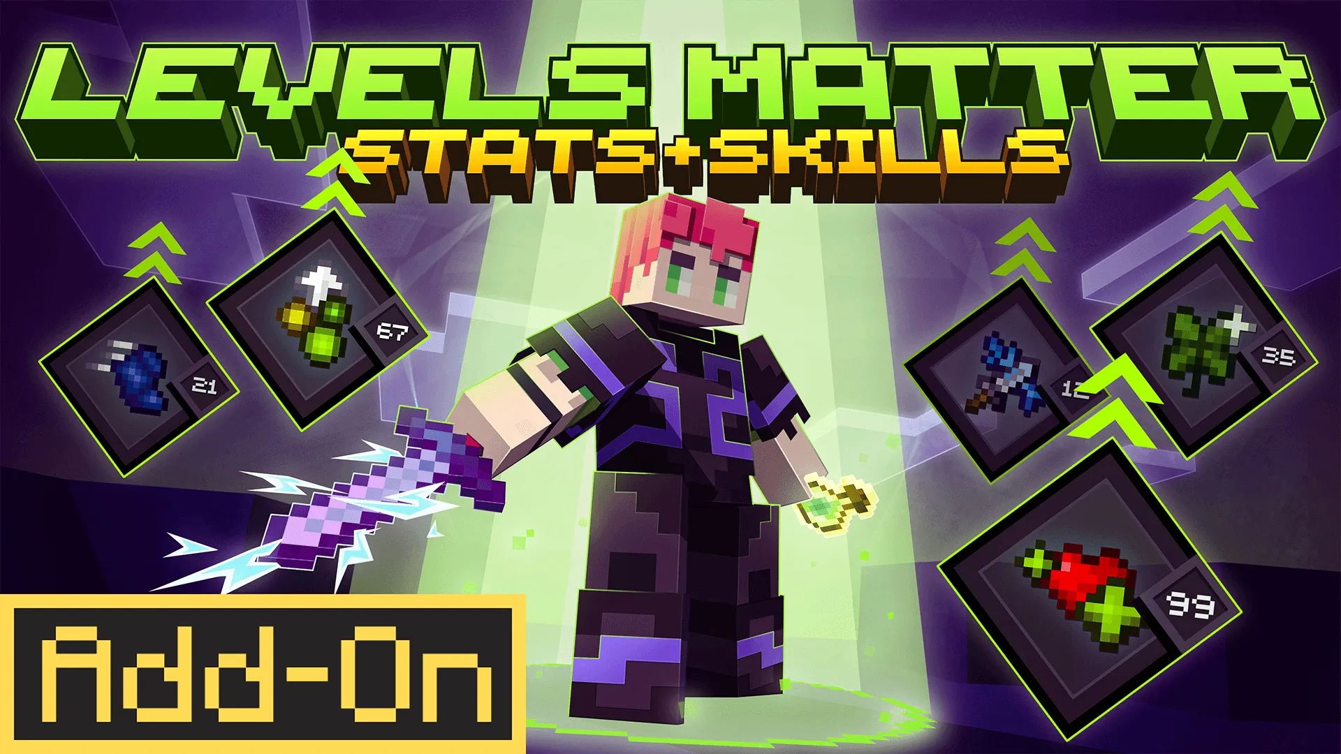 Levels Matter key art, a player with a glowing sword surrounded by stat icons