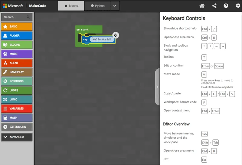 The MakeCode editor in Minecraft Education with its keyboard shortcut overlay open