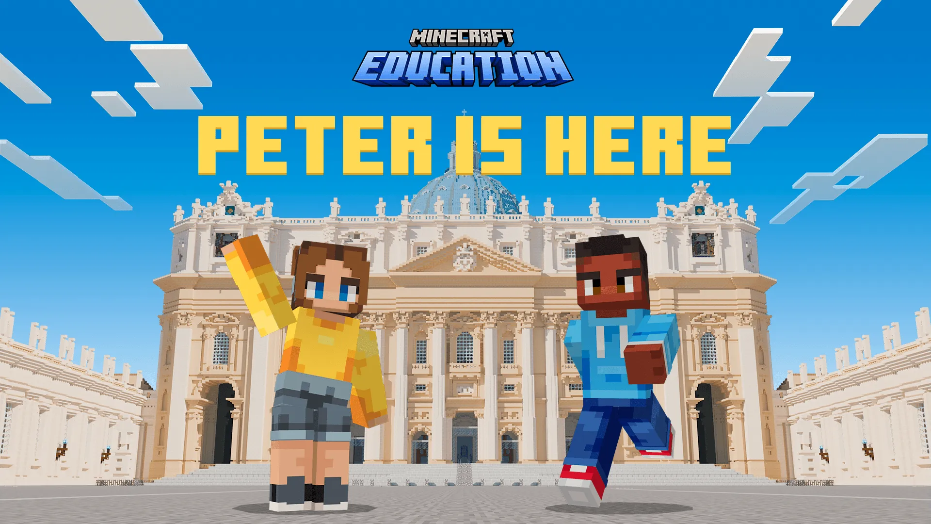 Key art for Peter is Here: two students in front of St. Peter’s Basilica