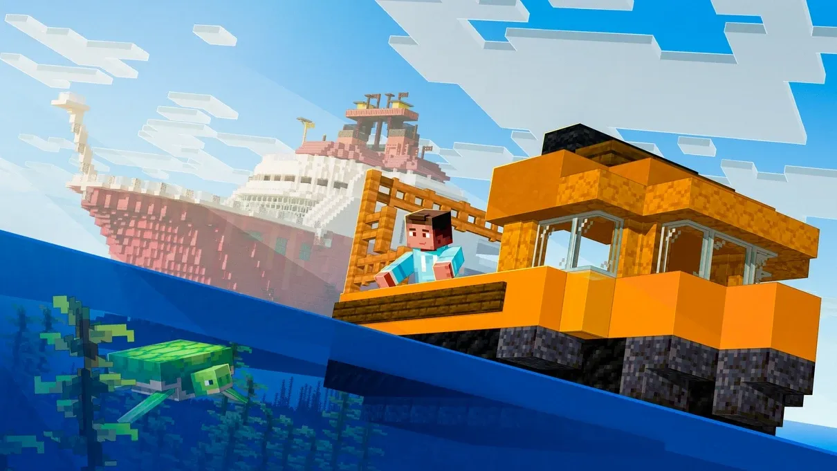 A player on a boat in front of a research ship, a sea turtle swimming below
