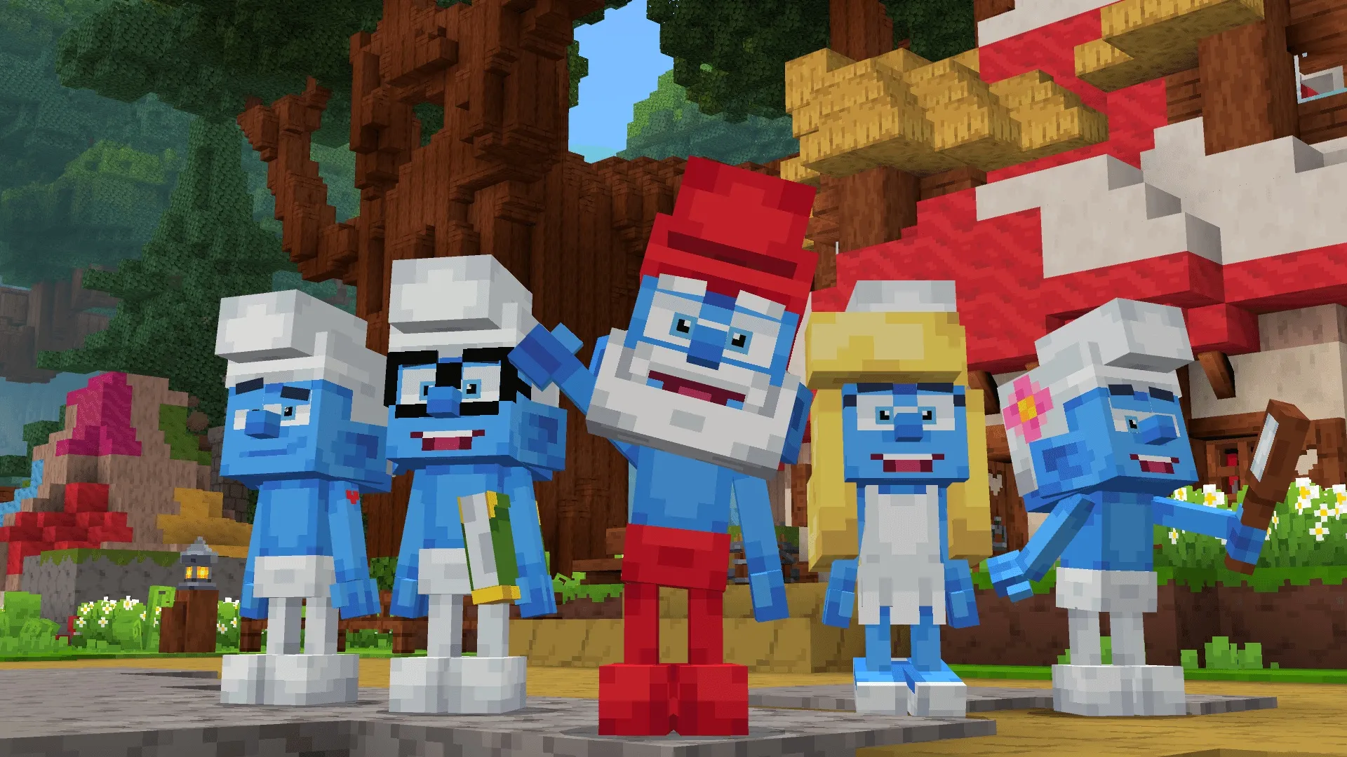 Papa Smurf, Smurfette and friends in Smurf Village