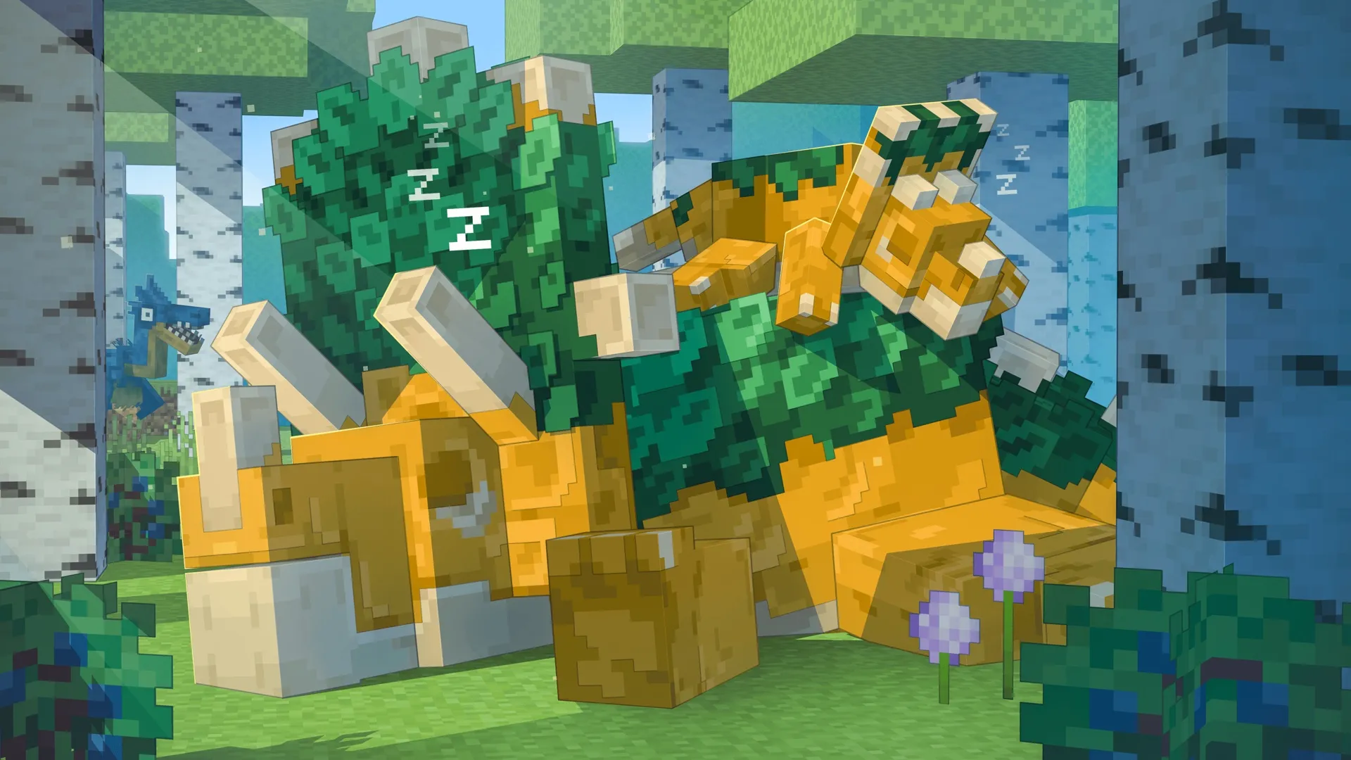 Dinosaurs roaming a Minecraft landscape